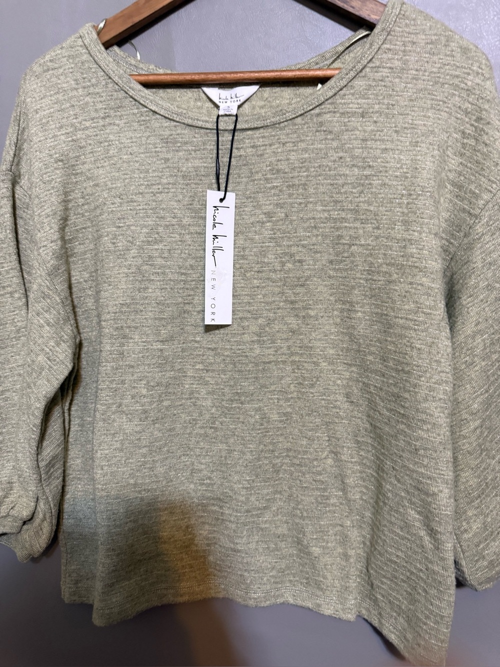 Nicole Miller Olive-Green Ribbed Crewneck Sweater